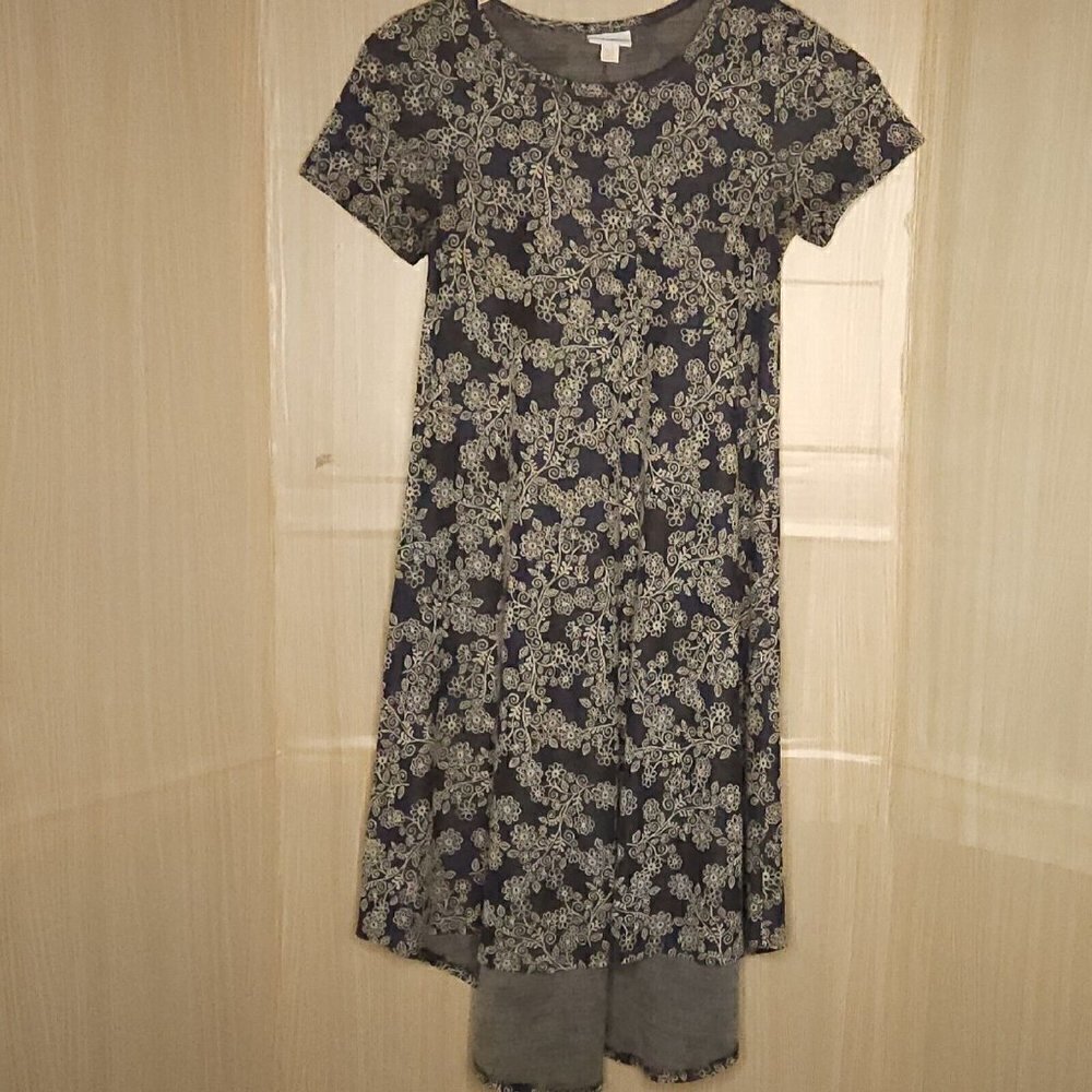 Lularoe Womens Blue Cream Floral High Low Short Sleeve Knit Dress XXS